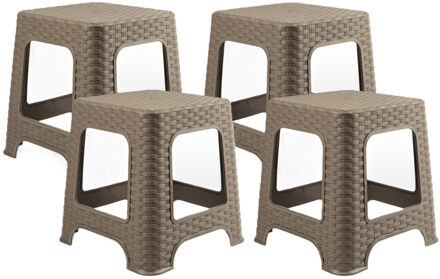 zit/bijzet krukje - 4x - Rotan line - taupe - kunststof - 32 x 32 x 30 cm - kinder kruk