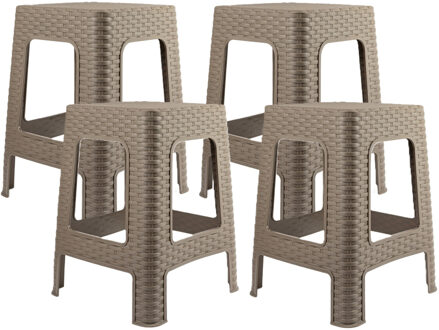 zit/bijzet krukje - 4x - Rotan line - taupe - kunststof - 36 x 36 x 45 cm