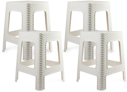 zit/bijzet krukje - 4x - Rotan line - wit - kunststof - 36 x 36 x 45 cm