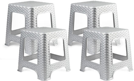 zit/bijzet krukje - 4x - Rotan line - zilvergrijs - kunststof - 32 x 32 x 30 cm - kinde