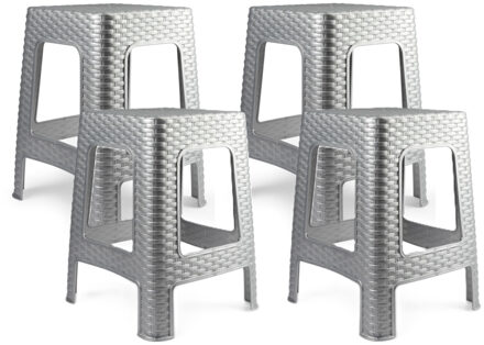zit/bijzet krukje - 4x - Rotan line - zilvergrijs - kunststof - 36 x 36 x 45 cm