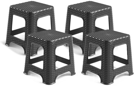 zit/bijzet krukje - 4x - Rotan line - zwart - kunststof - 32 x 32 x 33 cm - kinder kruk