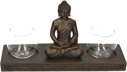 Zittende Boeddha waxinelichthouder op plank zwart 32 cm