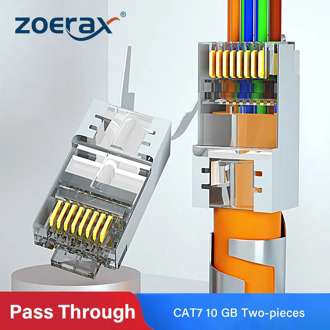 ZoeRax RJ45 Cat7 & Cat6A Pass Through connectors 8P8C 50UM Gold Plated Shielded FTP/STP | EZ RJ45 Network Modular Plug