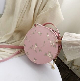 Zoete Kant Ronde Handtassen Pu Leer Vrouwen Crossbody Tassen Vrouwelijke Mode Kleine Verse Bloem Keten Schoudertas Roze