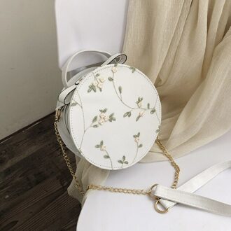 Zoete Kant Ronde Handtassen Pu Leer Vrouwen Crossbody Tassen Vrouwelijke Mode Kleine Verse Bloem Keten Schoudertas wit
