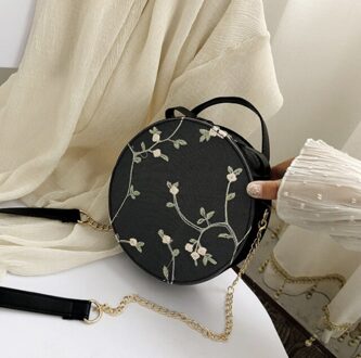 Zoete Kant Ronde Handtassen Pu Leer Vrouwen Crossbody Tassen Vrouwelijke Mode Kleine Verse Bloem Keten Schoudertas zwart