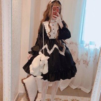Zoete Sjk Rok Lolita Jurk Originele Volledige Lolita Rok Dagelijkse Lange Mouwen Op Student Zacht Meisje Jurk Fairy zwart / S