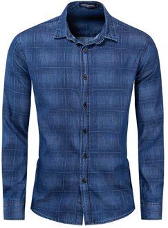 Zomer 100% Katoen Mode Denim Shirt Mannen Plaid Shirt Lange Mouw Slim Fit Smart Casual Shirts Mannelijke Kleding, FM203