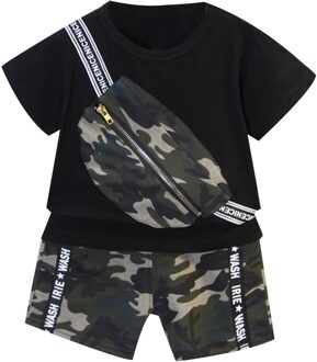 Zomer 2 Stuks Waggel Jongens Camouflage Pak Afdrukken O-hals Katoen Korte Mouwen Messenger Tas Bevestigd T-shirt Shorts Set 110 / zwart