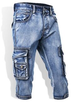 Zomer Blauwe Dunne Multi Pocket Kalf-Lengte Slanke Denim Shorts Casual Grote Maat Korte Jeans Mannelijke Werk Cargo broek 34