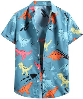 Zomer Bloem Overhemd Cartoon Dinosaurus Afdrukken Hawaiian Shirt Mannen Korte Mouw Streetwear Revers Casual Mannelijke Shirts