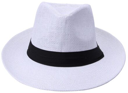 Zomer Casual Unisex Beach Trilby Grote Rand Jazz Zonnehoed Panama Hoed Papier Stro Vrouwen Mannen Cap Met zwart Lint wit