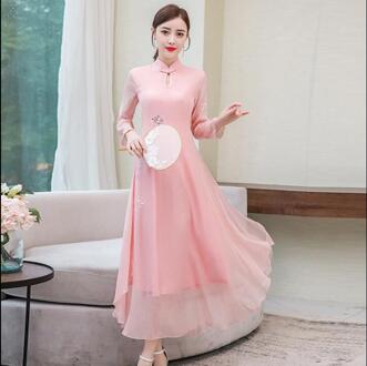 Zomer Chinese Jurk Cheongsam Ao Dai Vietnam Vrouwen Roze Jurk Chiffon Lange Jurken