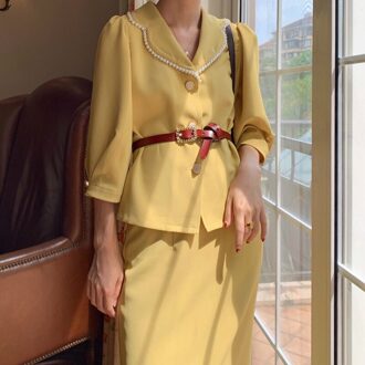 Zomer Franse Stijl Vintage 2 Delige Set Vrouwen Pak Parel Notched Sjerpen Blazer En Rok Office Lady Chic Twee stuk Sets