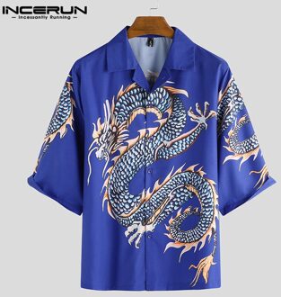 Zomer Gedrukt Casual Shirt Mannen Half Mouw Revers Losse Button Dames Hawaiian Shirts Camisa Streetwear INCERUN blauw Shirt / M