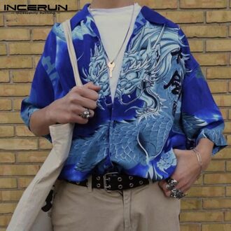 Zomer Gedrukt Casual Shirt Mannen Half Mouw Revers Losse Button Dames Hawaiian Shirts Camisa Streetwear INCERUN rood Shirt / XXL
