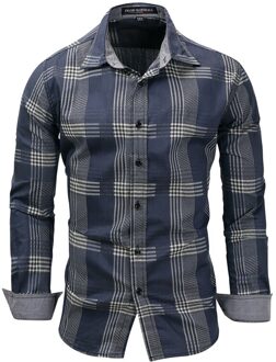 Zomer Herfst Mannen Lange Mouw Patchwork Plaid Denim Jurk Shirt 100% Katoen Mannelijke Business Sociale Shirts Mannen Kleding Xxxl