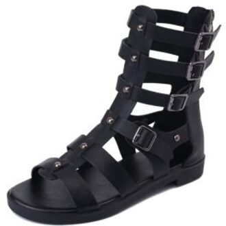 Zomer Hollow Out Vrouwen Lange Sandalen Romeinse Stijl Dames Platte Sandalen Open Teen Rubber Dikke Rits Comfortabele Sandalen zwart / 5