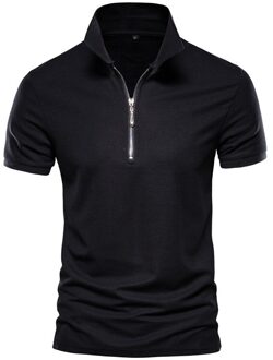 Zomer Katoen Mannen Polo Solid Slim Fit Rits Patchwork Polo Shirt Mannen Mode Business Casual Polo Mannen zwart / Xl