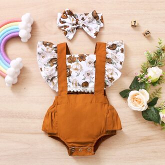 Zomer Kleding Baby Baby Meisjes Ruche Bloemen Gedrukt Backless Romper Bodysuit + Hoofdbanden Baby Kleding Outfits 3-18 Maanden 3-6 Months