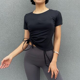 Zomer Korte Sleevetight Naadloze Yoga Shirts Vrouwen Korte Mouw Gym Tops Fitness Running Workout Sport T-shirts Sportkleding S / zwart