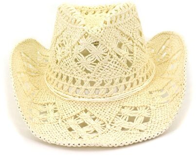 Zomer Mannen Handmake Raffia Hollow Cowboy Hoed Met Dunne Touw Vrouwen Westerse Breed Curling Rand Cap Zon Bescherming Unisex Hoeden melk wit