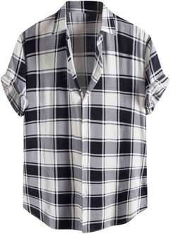 Zomer Mannen Hawaiian Shirt Plaid Afdrukken Revers Korte Mouwen Blouse Streetwear Knop Casual Shirts Camisa Masculina Xxl