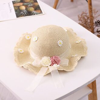 Zomer Meisje Strooien Hoed Tas Set Zon Cap Outdoor Kids Ademend Strand Hoeden Chrysant Zoete Prinses Seaside Panama Hoed beige hat