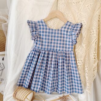 Zomer Meisjes Jurken Prinses Plaid Ruches Hollow Back Japon Mouwloze Leuke Rok Kid Kleding Voor Baby Meisje 3-4T