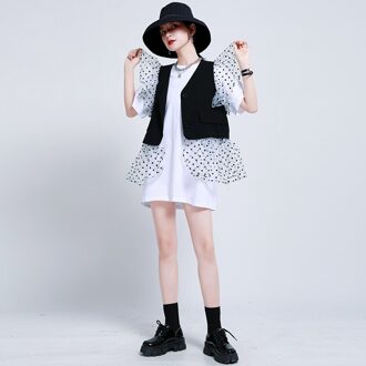 Zomer Mode Kant Haak Bloem Stiksels Lotusblad Kant Korte Mouwen Onderkant Jurk Twee Stukken Vest Jurk zwart