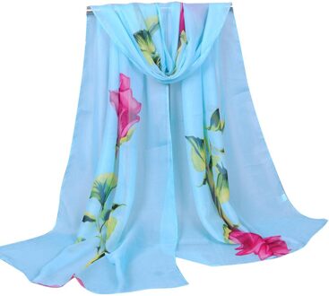 Zomer Mode Vrouwen Zijden Sjaal Rose Lange Soft Wrap Sjaal Dames Chiffon Sjaal Hijab Gedrukt Foulards Sjaals blauw 2stk