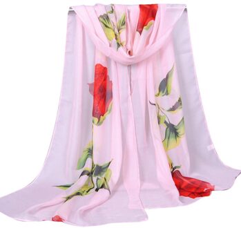 Zomer Mode Vrouwen Zijden Sjaal Rose Lange Soft Wrap Sjaal Dames Chiffon Sjaal Hijab Gedrukt Foulards Sjaals roze