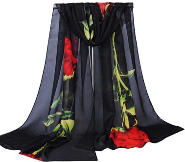 Zomer Mode Vrouwen Zijden Sjaal Rose Lange Soft Wrap Sjaal Dames Chiffon Sjaal Hijab Gedrukt Foulards Sjaals zwart