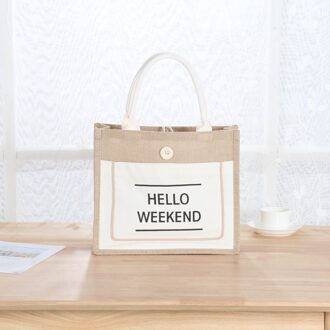 Zomer Natuurlijke Linnen Luxe Tote Grote Capaciteit "Hello Weekend" Vrouwelijke Casual Schoudertas Dagelijkse Handtas Verse Strand Winkelen tas wit / 30x25x13cm