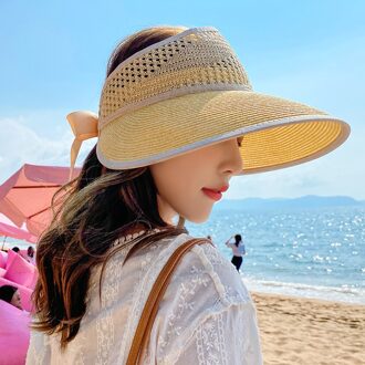 Zomer Opvouwbare Vrouwen Zon Strand Grote Rand Strooien Hoed Effen Kleur Lint Kleine Verse Stijl Caps beige