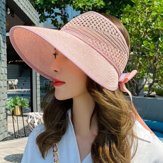 Zomer Opvouwbare Vrouwen Zon Strand Grote Rand Strooien Hoed Effen Kleur Lint Kleine Verse Stijl Caps roze
