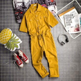 Zomer Overalls Mannen Jumpsuit Katoen Revers Korte Mouwen Enkellange Hip Hop Streetwear Zwart Geel Broek Losse Leisure Broek XL 62.5 - 70 KG / geel