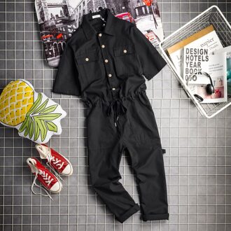 Zomer Overalls Mannen Jumpsuit Katoen Revers Korte Mouwen Enkellange Hip Hop Streetwear Zwart Geel Broek Losse Leisure Broek XL 62.5 - 70 KG / zwart