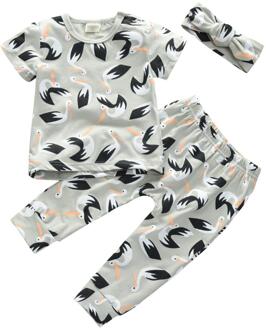 Zomer Peuter Baby Meisje Leuke Cartoon Print Kleding Set Korte Mouwen T-shirt + Broek + Hoofdband Baby 3 Stuks Kleding pak 24M