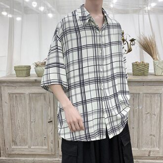 Zomer Plaid Shirt Mannen Koreaanse Mode Losse Casual Shirt Mannen Harajuku Streetwear Sociale Alle-Match Korte Mouwen mannen Beige / Xl