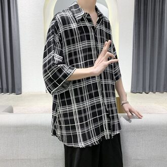 Zomer Plaid Shirt Mannen Koreaanse Mode Losse Casual Shirt Mannen Harajuku Streetwear Sociale Alle-Match Korte Mouwen mannen zwart / L