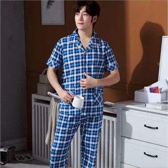 Zomer Plus Size Mannen Casual Plaid Pyjama Sets Mannelijke 100% Katoen Nachtkleding Pak Mannen Turn-Down Kraag vest Shirt & Broek XL