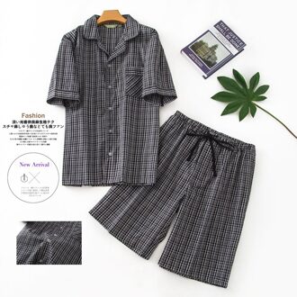 Zomer Plus Size Mannen Toevallige Plaid Pyjama Sets Mannelijke 100% Katoen Nachtkleding Pak Mannen Turn-Down kraag Shirt & Half Broek grijs / L