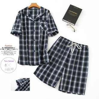 Zomer Plus Size Mannen Toevallige Plaid Pyjama Sets Mannelijke 100% Katoen Nachtkleding Pak Mannen Turn-Down kraag Shirt & Half Broek zwart / L