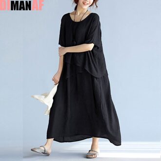 Zomer Plus Size Vrouwen Jurk Gedrapeerde Solid Print Linnen Vrouwelijke Casual Vestidos Grote Zwarte Strand Losse Grote Dame jurken