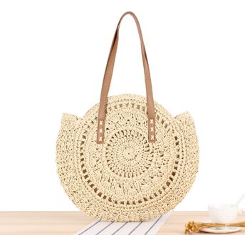 Zomer Ronde Stro Tassen Voor Vrouwen Rotan Schouder Handgemaakte Geweven Strand Vrouwelijke Bericht Handtas Bakken Goede Beige-1 loukong