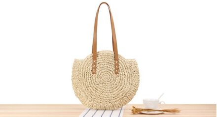 Zomer Ronde Stro Tassen Voor Vrouwen Rotan Schouder Handgemaakte Geweven Strand Vrouwelijke Bericht Handtas Bakken Goede Beige-2 shixin