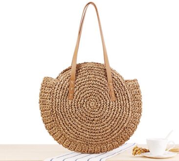 Zomer Ronde Stro Tassen Voor Vrouwen Rotan Schoudertas Handgemaakte Geweven Strand Handtassen Vrouwelijke Bericht Handtas Totes Bag Beige
