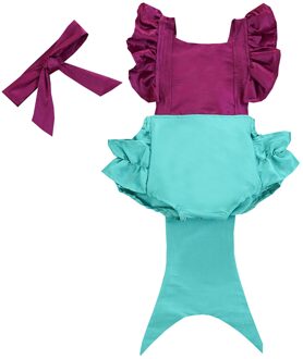 Zomer Schattige Baby Meisje Vliegen Mouw Mermaid Jumpsuits Zoete Contrast Kleur Ruches Backless Romper En Hoofdband Party Pak 12m